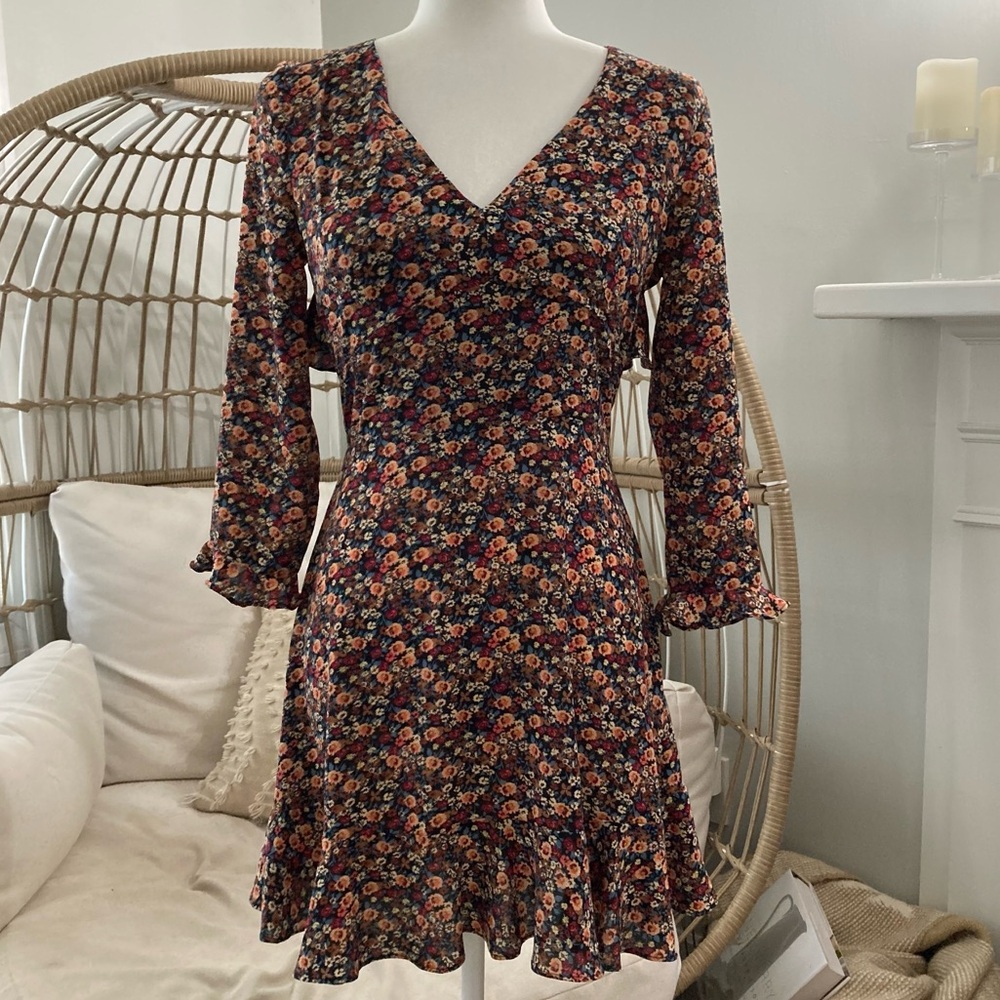 Topshop Floral Ruffle Mini Dress Size 4 Open Back Long Sleeve Dark Romantic